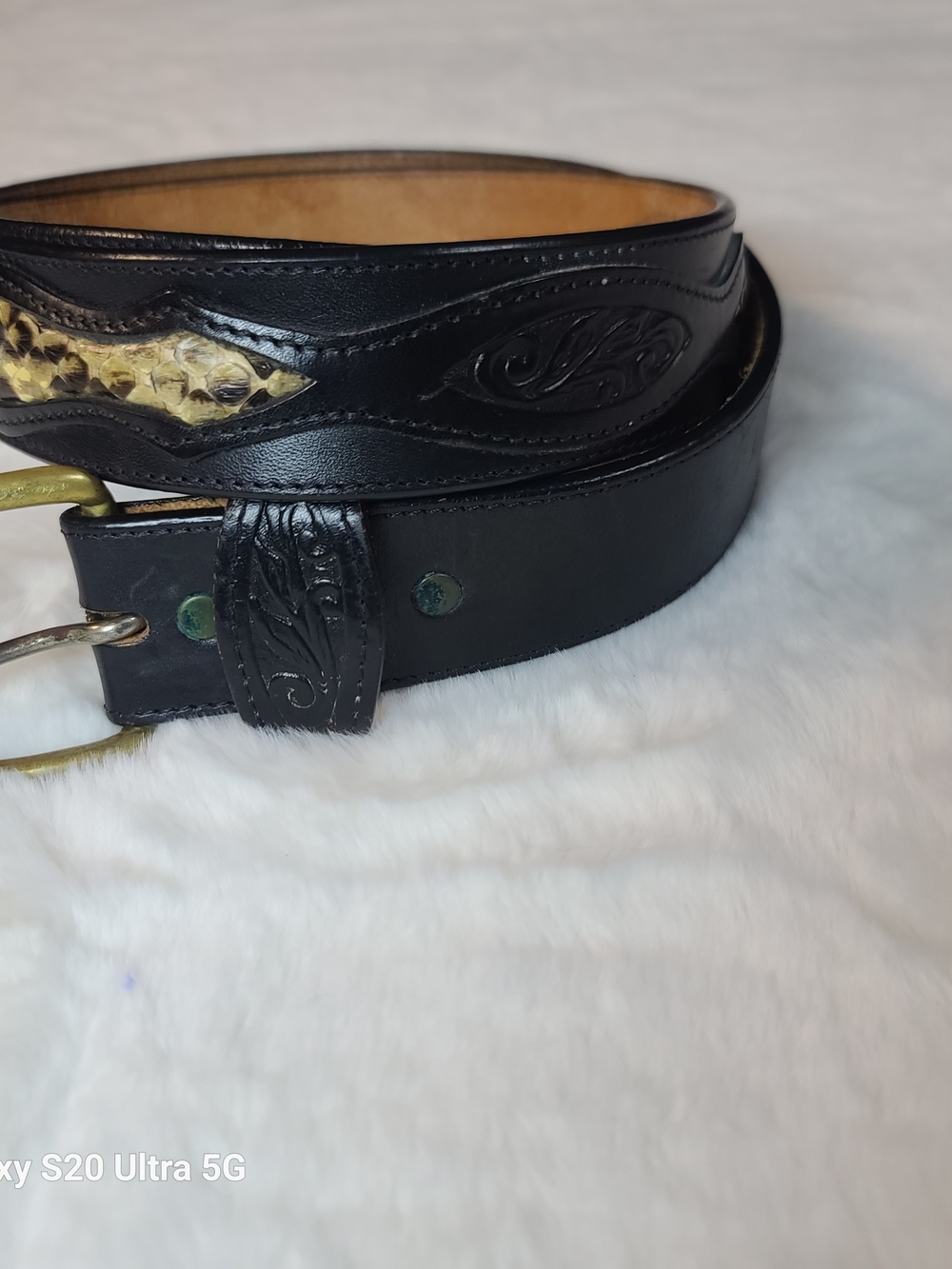Men's Black Leather Belt with Textured Snake Inlay
